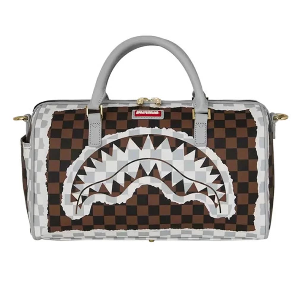 Sprayground Cream & Brown Tear Check Mini Duffle