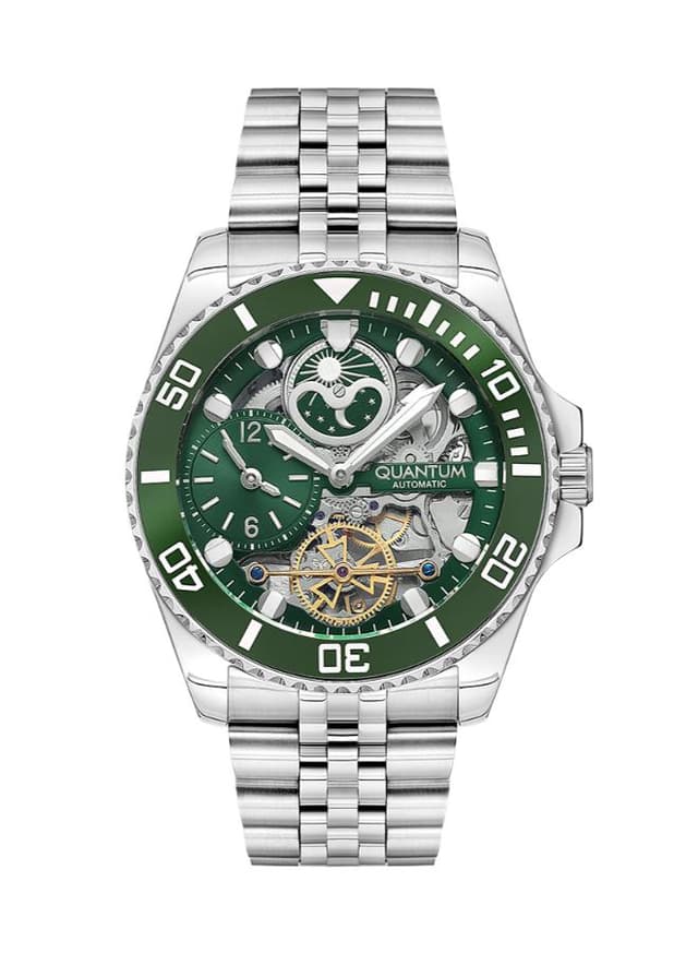 Quantum Men's Automatic Green Dial Watch Silver Metal Bracelet bracelet