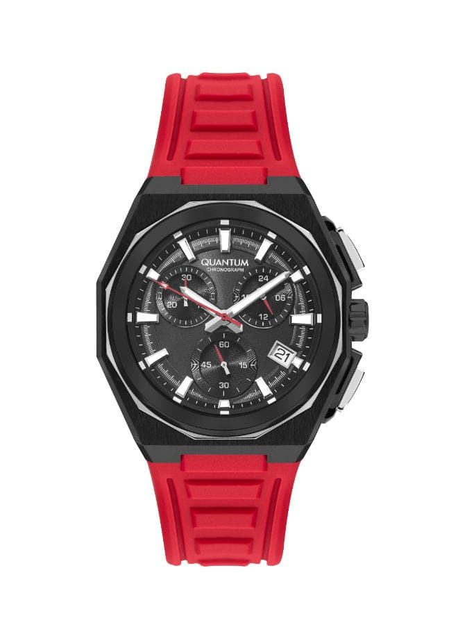 Thumbnail 1 for Quantum Men's Chronograph Black Dial Watch Red Silicon Strap bracelet