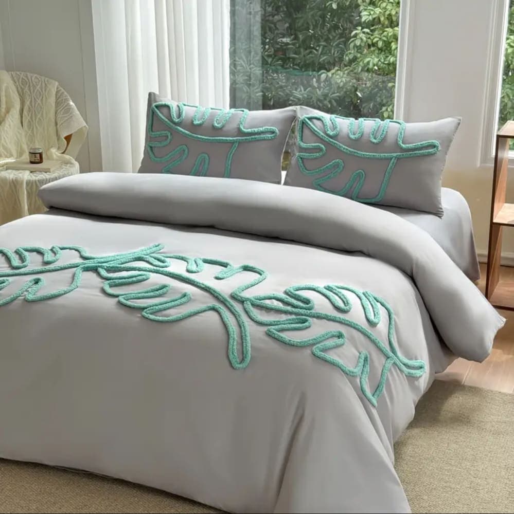 Thumbnail 1 for 1 set bedding set with 1 cover and 2 pillowcases, Fern leaf design high end fresh green bohemian style comfort home decor