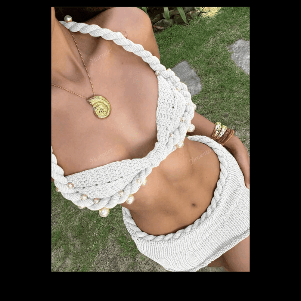 Thumbnail 2 for Crochet Bikini Top & Low Waist Knitted Mini Skirt 