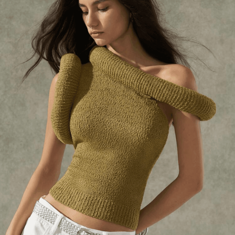 Thumbnail 1 for Casual Asymmetrical Shoulder Fitted Knit Top