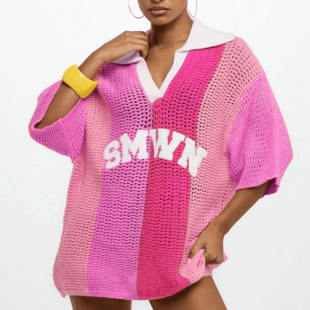 Thumbnail 3 for Crochet Oversized Polo Collar Pullover Top