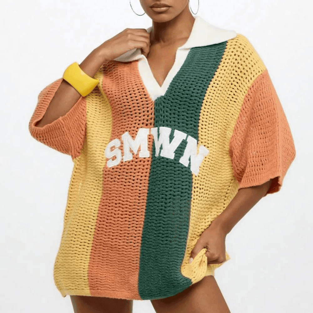 Thumbnail 5 for Crochet Oversized Polo Collar Pullover Top