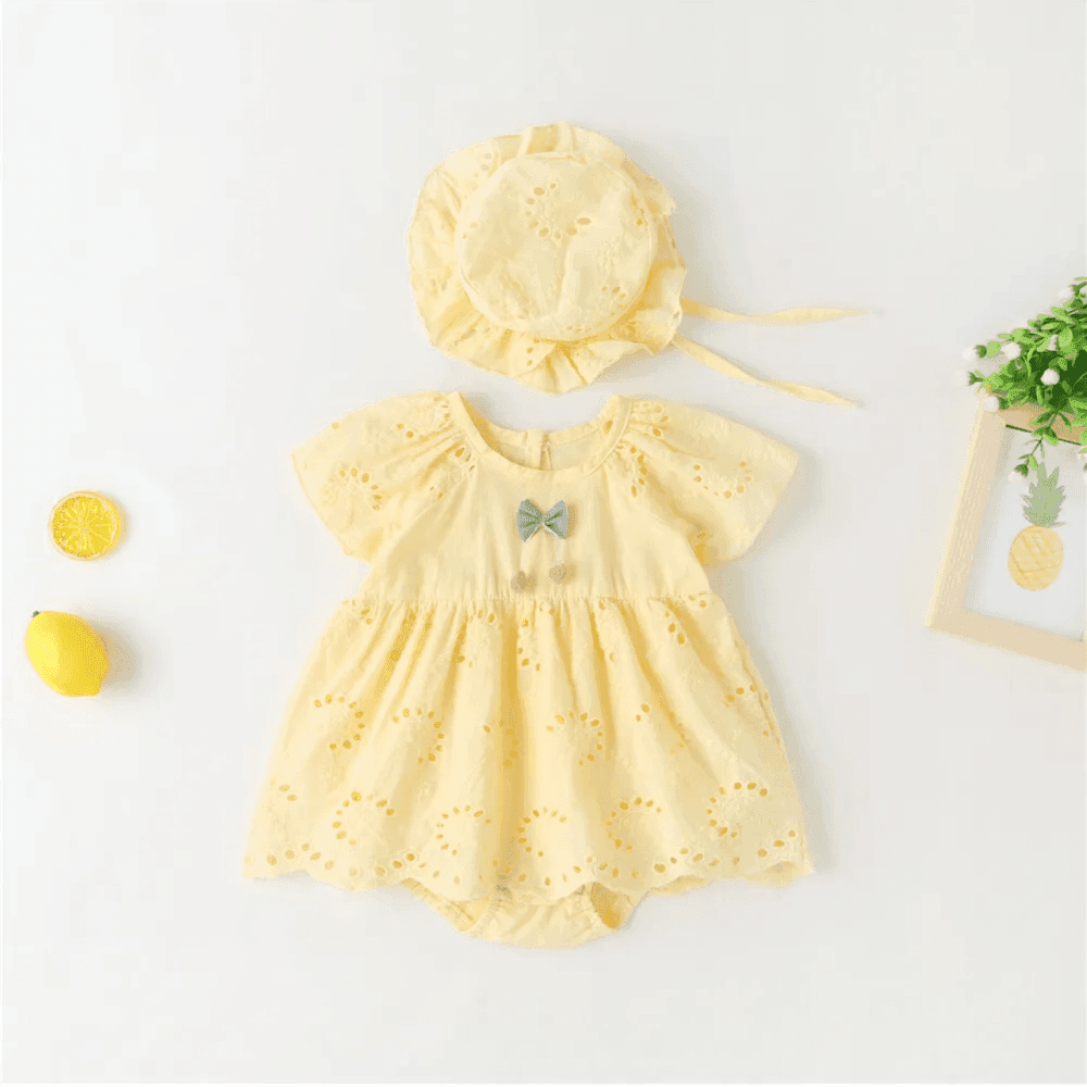 Thumbnail 1 for Solid color Hollow-Out Short-Sleeve Rompers Hat Two-Piece Set