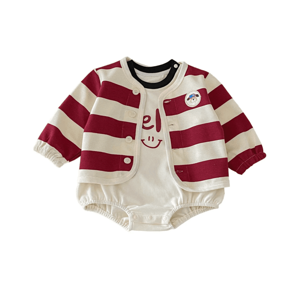 Thumbnail 4 for Casual Stripe Coat Long Sleeve Rompers Two Piece Set