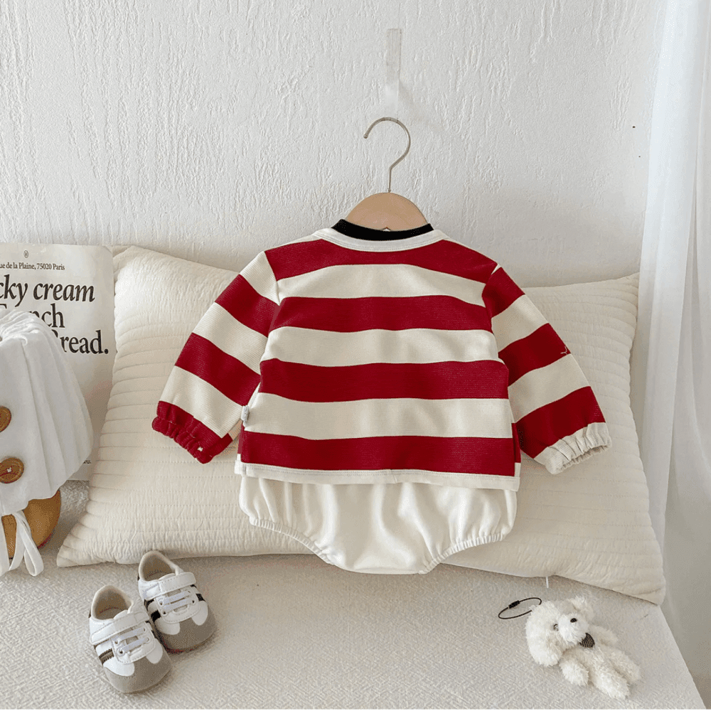 Thumbnail 5 for Casual Stripe Coat Long Sleeve Rompers Two Piece Set