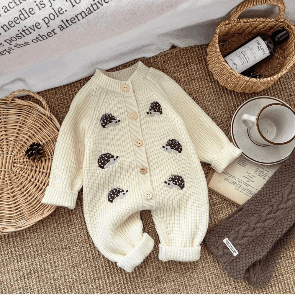 Thumbnail 2 for Cute Autumn Knitted Embroidered Hedgehog Long sleeve Jumpsuits