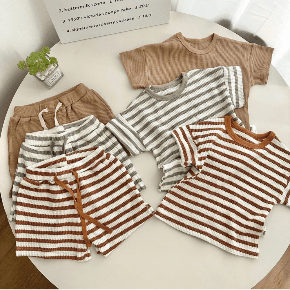 Thumbnail 1 for Casual Stripe Waffler Short sleeve T shirt Shorts Two piece Set
