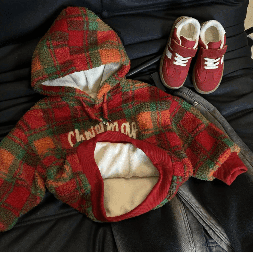 Thumbnail 2 for Winter Plaid Fleece-Lined Warm long Sleeve Hoodies Loose Pants Two Piece Set