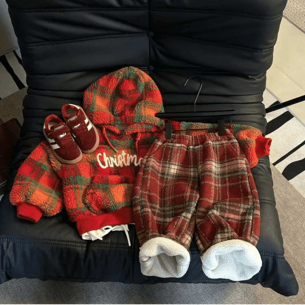 Thumbnail 4 for Winter Plaid Fleece-Lined Warm long Sleeve Hoodies Loose Pants Two Piece Set