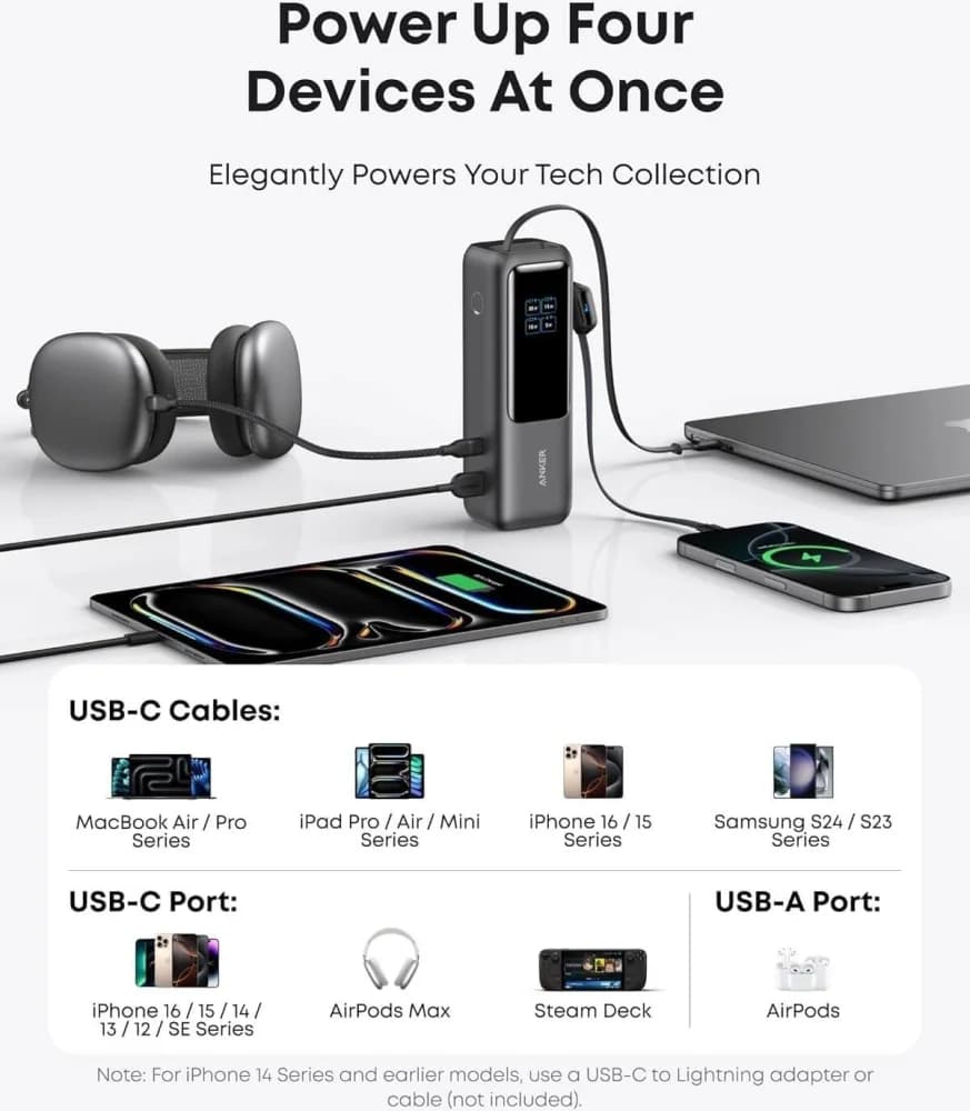 Anker Power Bank, 25,000mAh 165W Ultra-Fast Portable Charger for Dual Laptops, Fast Charging Battery Pack with Built-In & Retractable Cables | A1695H1 view 6