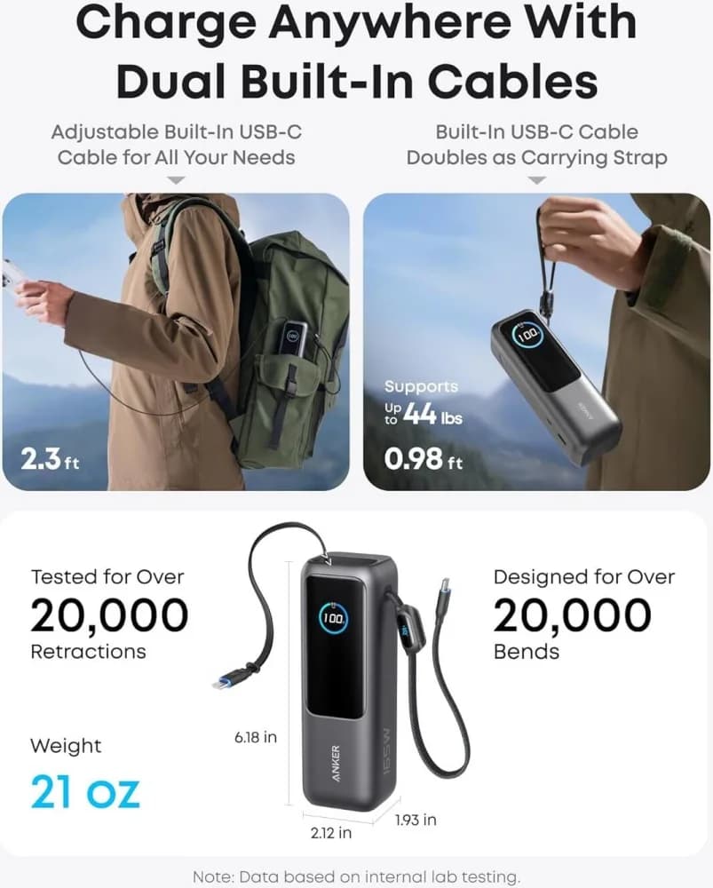 Anker Power Bank, 25,000mAh 165W Ultra-Fast Portable Charger for Dual Laptops, Fast Charging Battery Pack with Built-In & Retractable Cables | A1695H1 view 2