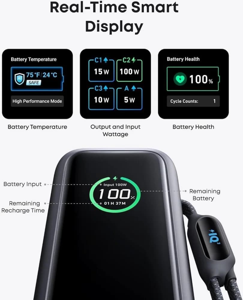 Anker Power Bank, 25,000mAh 165W Ultra-Fast Portable Charger for Dual Laptops, Fast Charging Battery Pack with Built-In & Retractable Cables | A1695H1 view 3