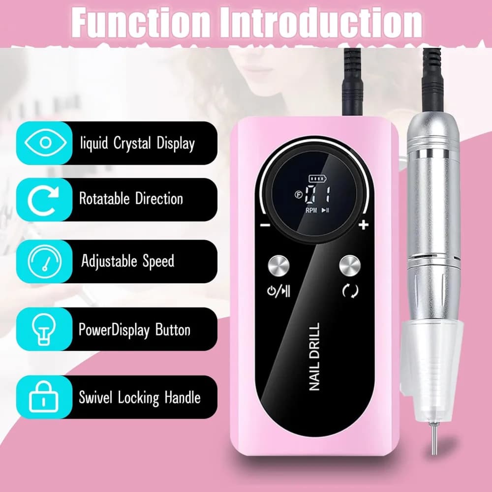 Cordless Nail Drill Professional, 45000 RPM Rechargeable Electric Nail File Kit with Smart LCD Screen, Portable Low Noise for Acrylic, Gel Nails, Manicure, Pedicure, For Salon, Home Use (Pink) view 4
