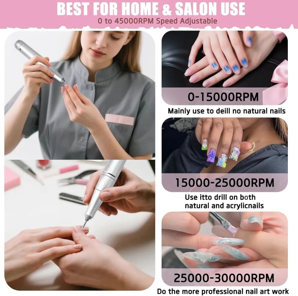 Cordless Nail Drill Professional, 45000 RPM Rechargeable Electric Nail File Kit with Smart LCD Screen, Portable Low Noise for Acrylic, Gel Nails, Manicure, Pedicure, For Salon, Home Use (Pink) view 6