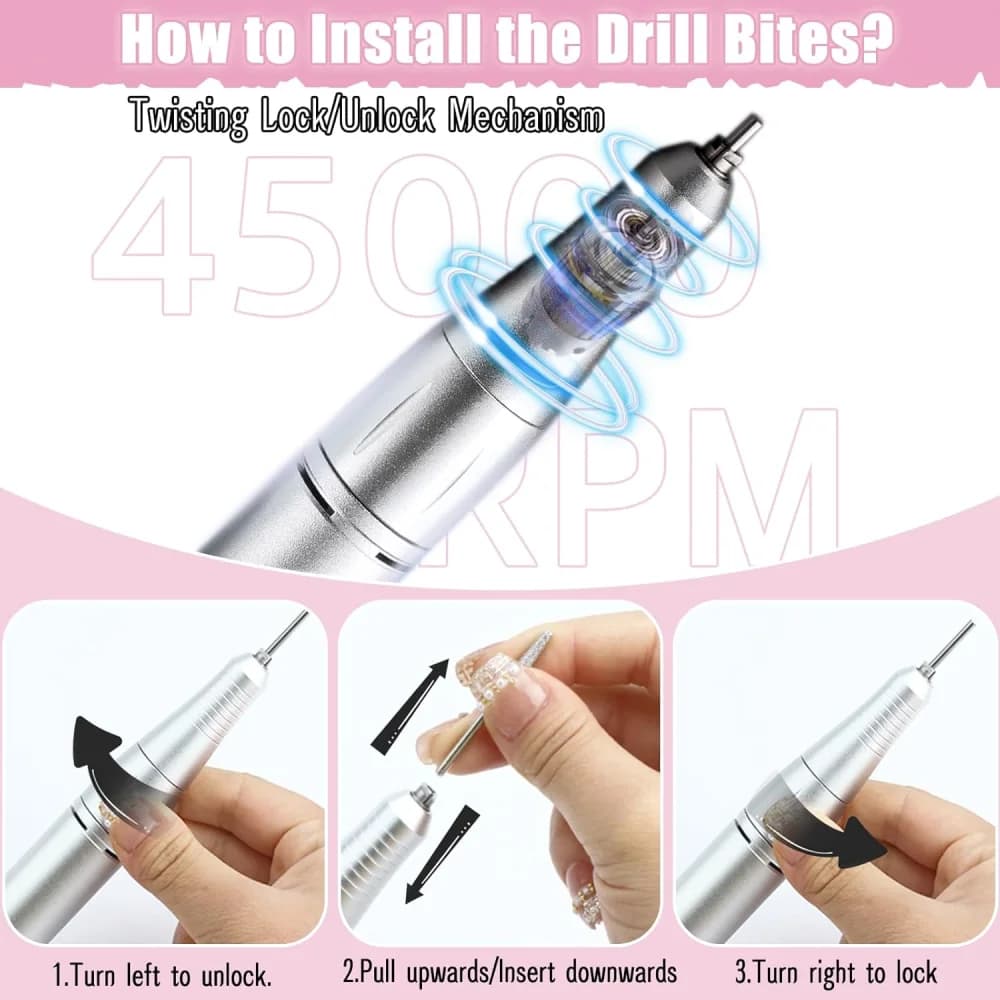Cordless Nail Drill Professional, 45000 RPM Rechargeable Electric Nail File Kit with Smart LCD Screen, Portable Low Noise for Acrylic, Gel Nails, Manicure, Pedicure, For Salon, Home Use (Pink) view 7