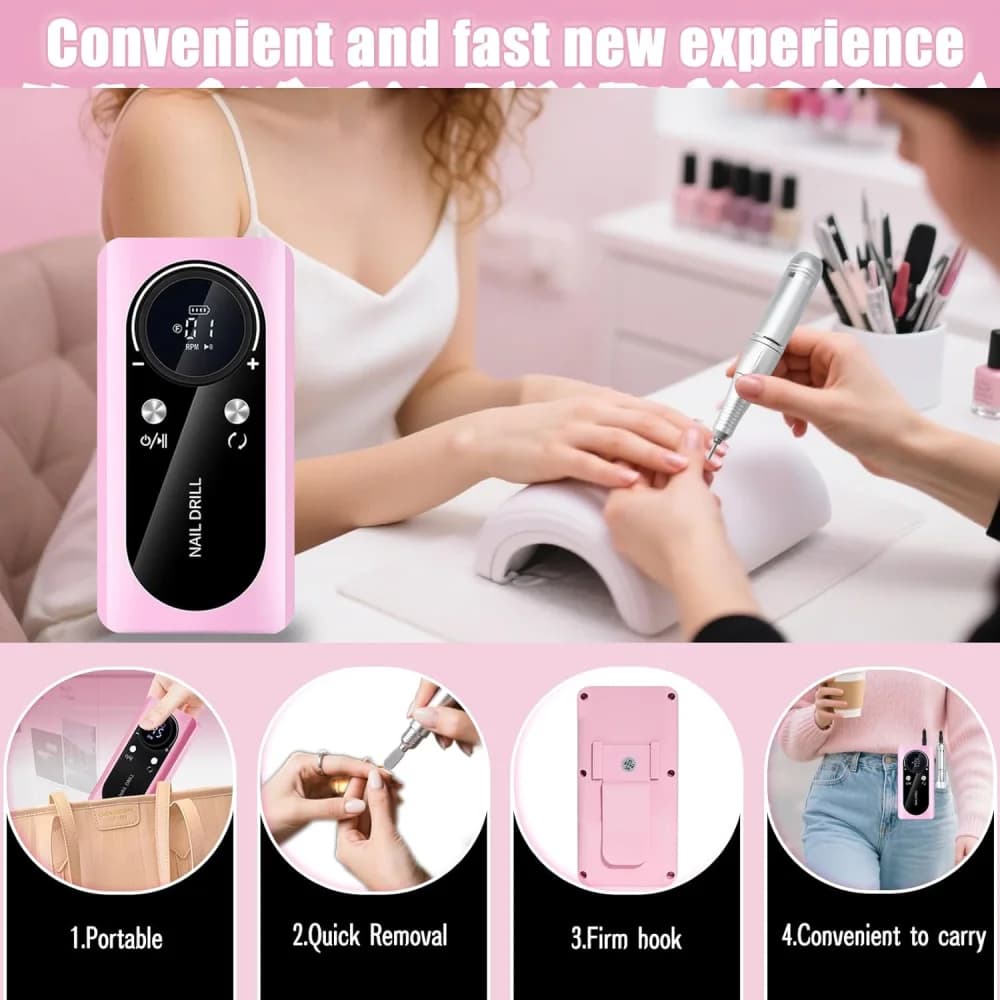 Cordless Nail Drill Professional, 45000 RPM Rechargeable Electric Nail File Kit with Smart LCD Screen, Portable Low Noise for Acrylic, Gel Nails, Manicure, Pedicure, For Salon, Home Use (Pink) view 5