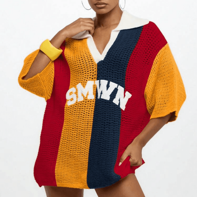 Crochet Oversized Polo Collar Pullover Top