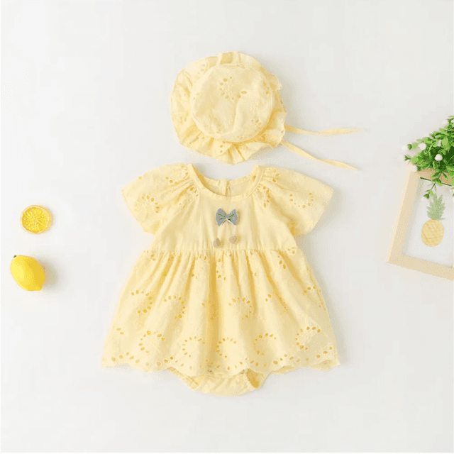 Solid color Hollow-Out Short-Sleeve Rompers Hat Two-Piece Set