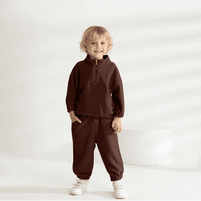 Autumn & Winter Children’s Casual Solid Plush Sweatshirt & Sweatpants Two Piece Set